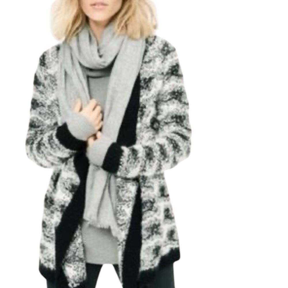 Lou & Grey Women’s Snowbound Open Front Black and White Mohair Wool Cardigan M